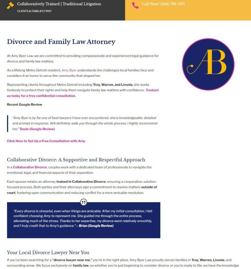 Screenshot of Amy Byer Law _ Divorce & Family Law Attorney in Troy, Warren & Livonia (1)